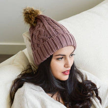 Load image into Gallery viewer, Cable Knit Beanie With Faux Fur Pom
