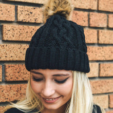 Load image into Gallery viewer, Cable Knit Beanie With Faux Fur Pom
